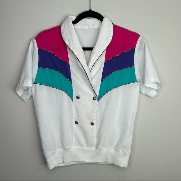 Tops - Vintage 80s Colorblock Chevron Short Sleeve Blouse White Pink Purple Teal